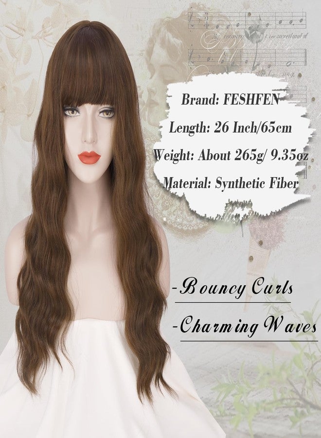 فيشبن شعر مستعار بني من فيشفين مع غرة للنساء - شعر مستعار صناعي طويل مموج بني مختلط ذو مظهر طبيعي مناسب للارتداء اليومي والحفلات، 26 بوصة - Image 3